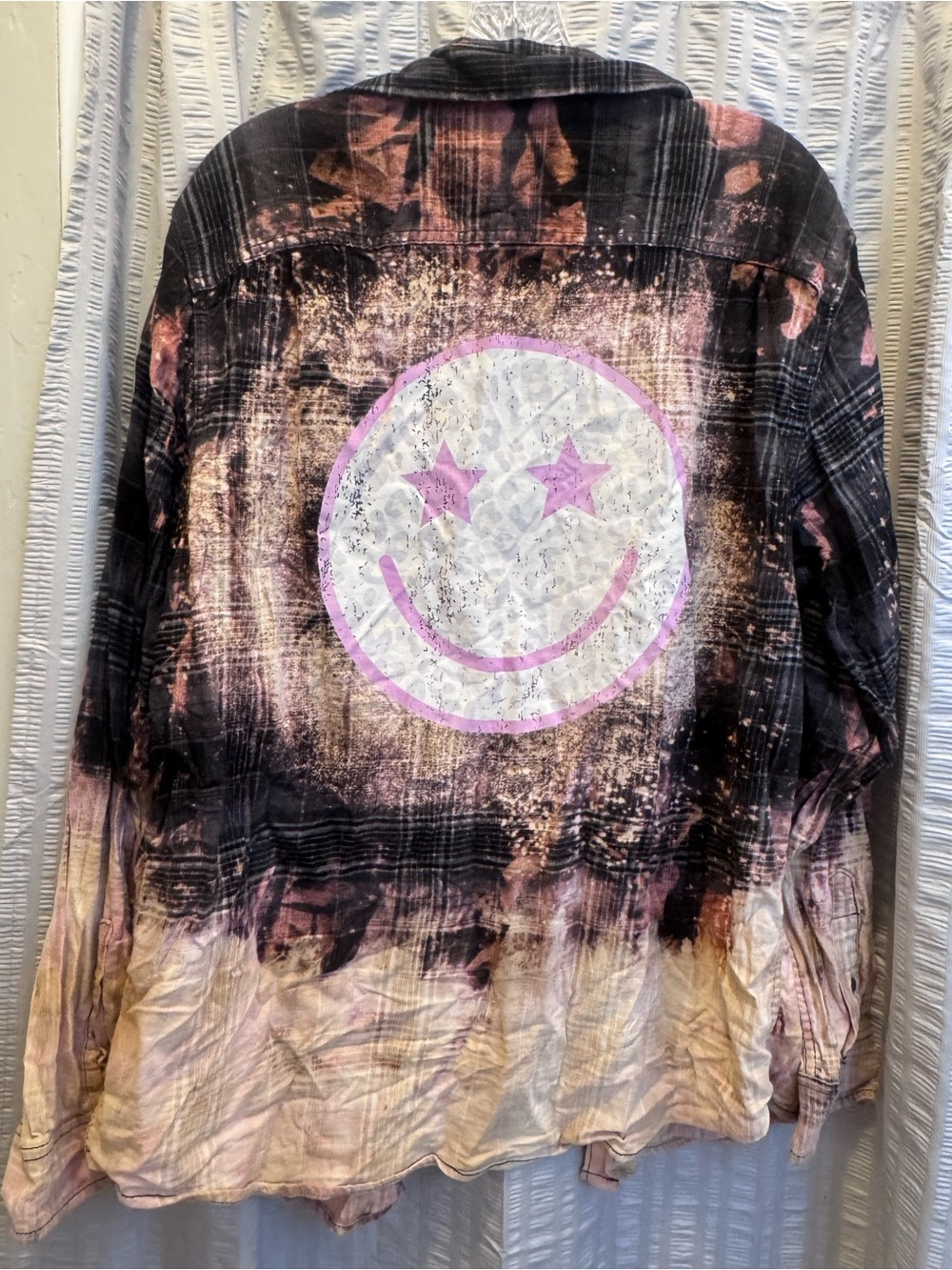 Boutique Smiley Face Plaid Shacket Bleach Wash Button Down XL Oversized